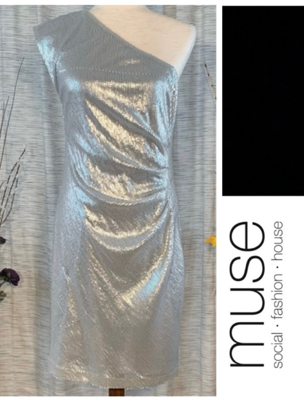 Muse silver sequined one-shoulder party dress.